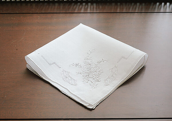 Embroidered handkerchief, white on white roses